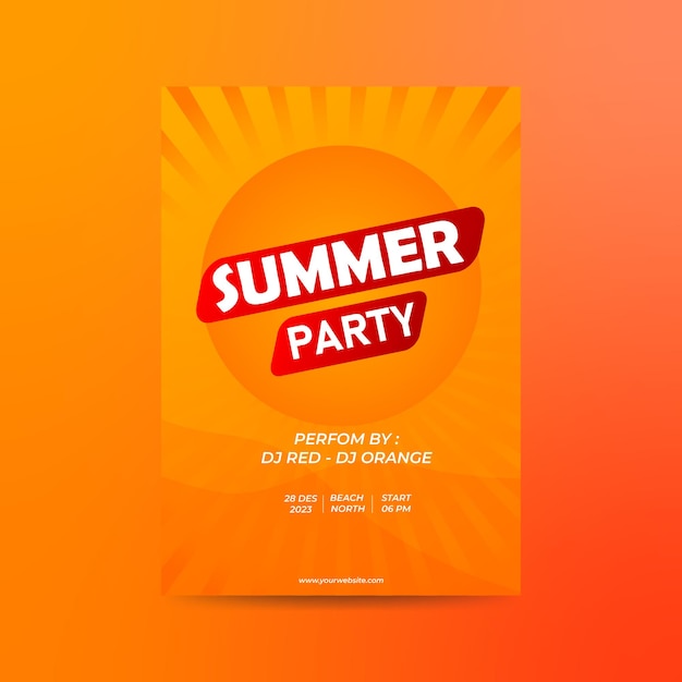 Cartel de fiesta de verano Sun Orange con hojas de playa y letras ilustración vectorial