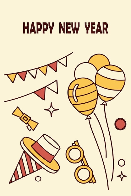un cartel para la fiesta de víspera de Año Nuevo con globos y una pancarta que dice feliz año nuevo