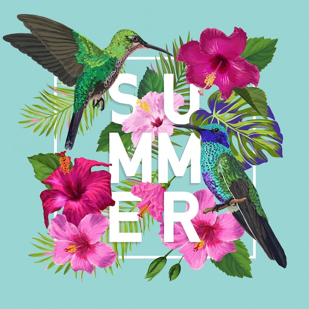 Cartel floral de verano con colibrí