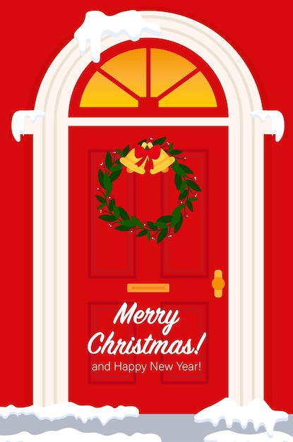 Vector cartel de folletos puerta frontal roja con decoraciones navideñas con una corona de árbol de navidad feliz cristo