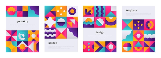 Cartel de forma geométrica. Portada de revista de Memphis con composición geométrica suiza, volante de banner con formas abstractas de la bauhaus. Vector patrones de colores geométricos o conjunto de papel tapiz