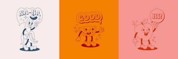 Cartel de fruta de personaje de dibujos animados retro set vector ilustración cómica divertida