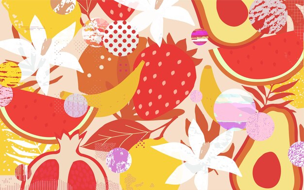Vector cartel con frutas y bayas abstractas verano plantilla vectorial dibujada a mano