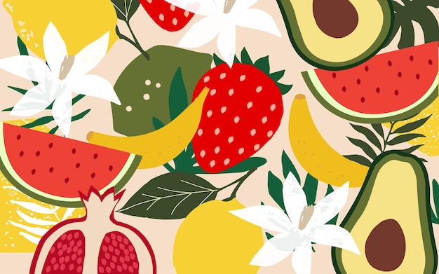 Cartel de frutas exóticas diseño tropical de verano con fruta fresa granada aguacate