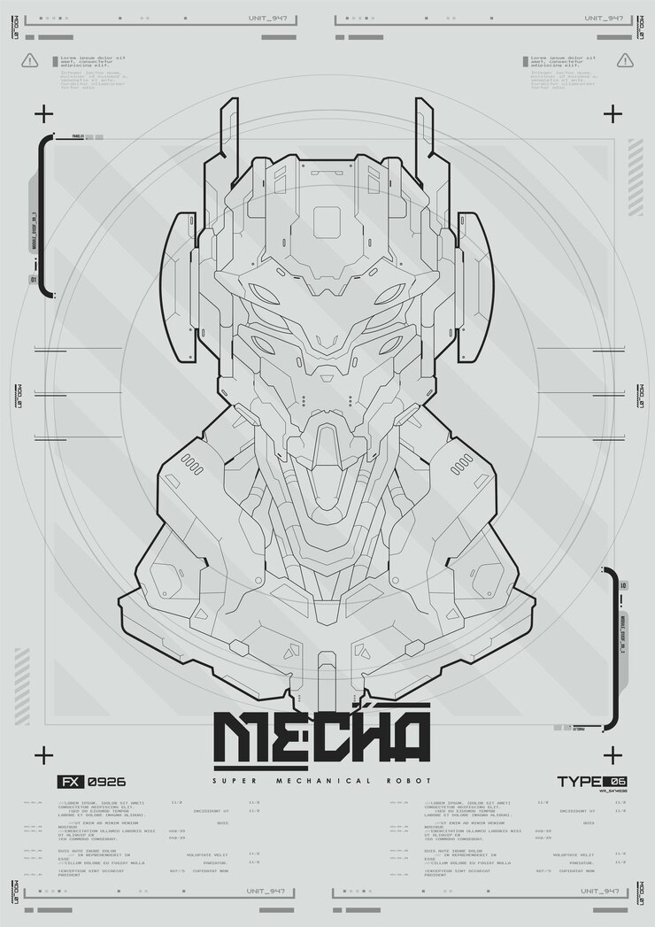 Vector cartel futurista cyberpunk cara de robot mecánico futurista cartel tecnológico con elementos hud