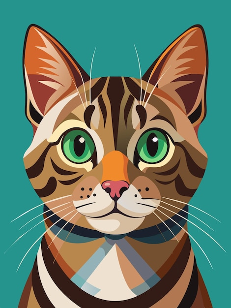un cartel de un gato con ojos verdes y un fondo azul