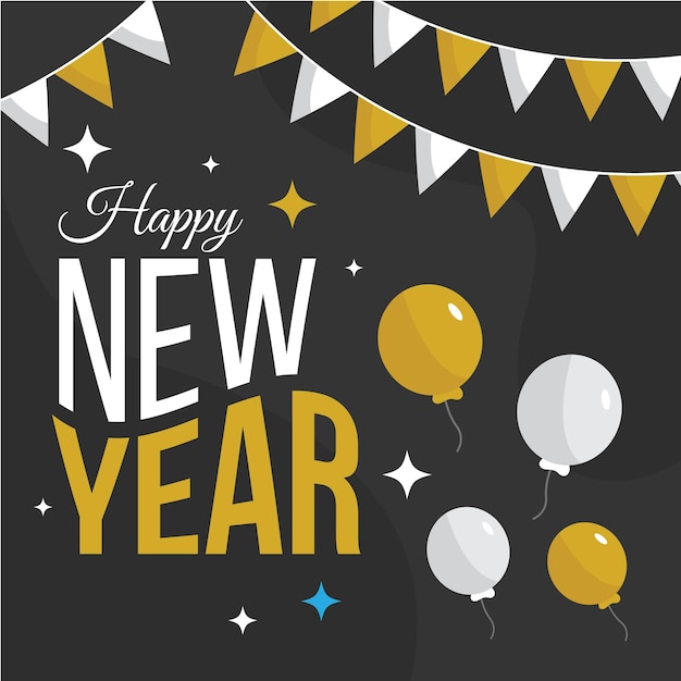 un cartel con globos y una pancarta que dice feliz año nuevo en él