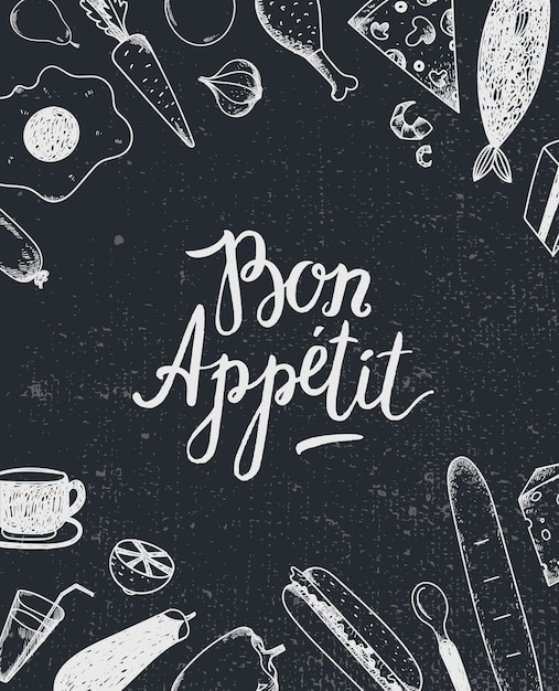 Vector cartel gráfico de bon appetit con ilustraciones de comida, portada del menú, banner de comida. en blanco y negro. pizarra