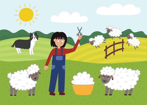 En el cartel de la granja con lindos animales. Niña esquilando ovejas y haciendo lana en un prado verde. Pastar