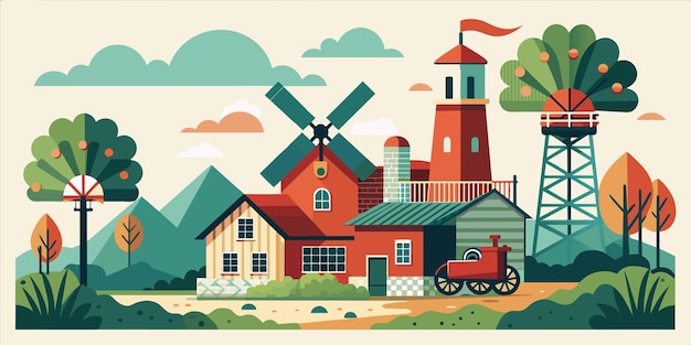 un cartel para una granja con un tractor rojo y una granja