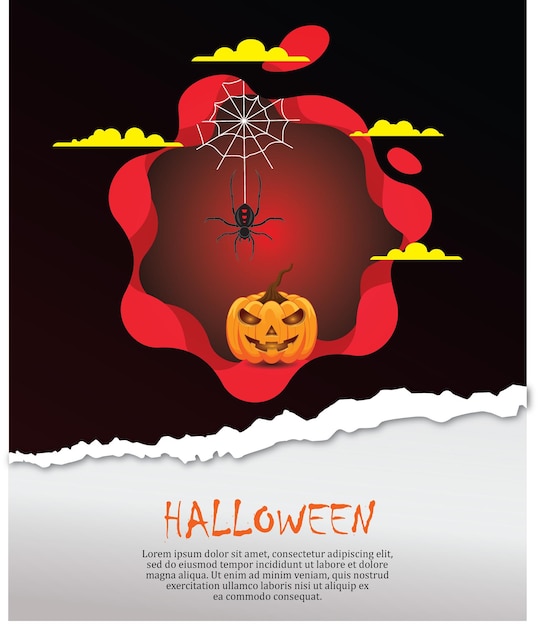 Vector cartel de halloween con calabaza aterradora y papel de araña rasgado