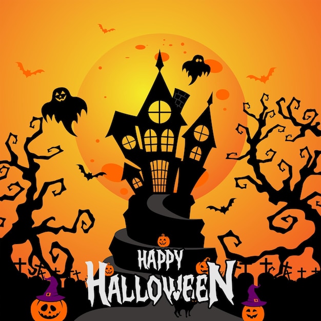 un cartel de Halloween con una casa en la parte superior y una calabaza en la parte inferior
