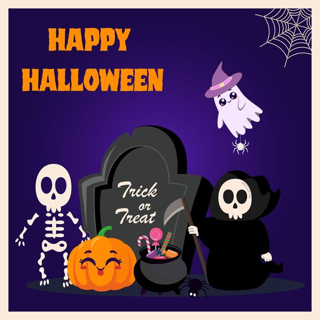 Cartel de Halloween para una fiesta de Halloween con un fantasma, una calabaza, un esqueleto y la muerte con una guadaña