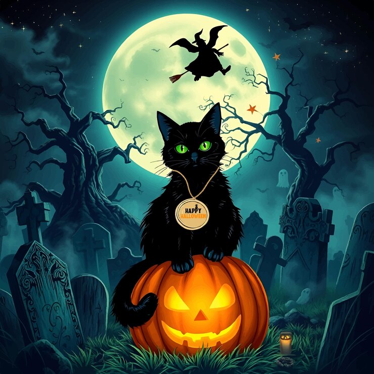 un cartel de Halloween con un gato negro en él