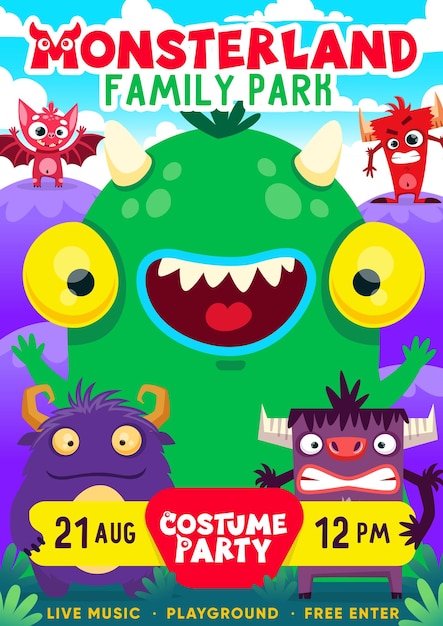 Vector cartel de halloween de volante de fiesta de monstruo de dibujos animados
