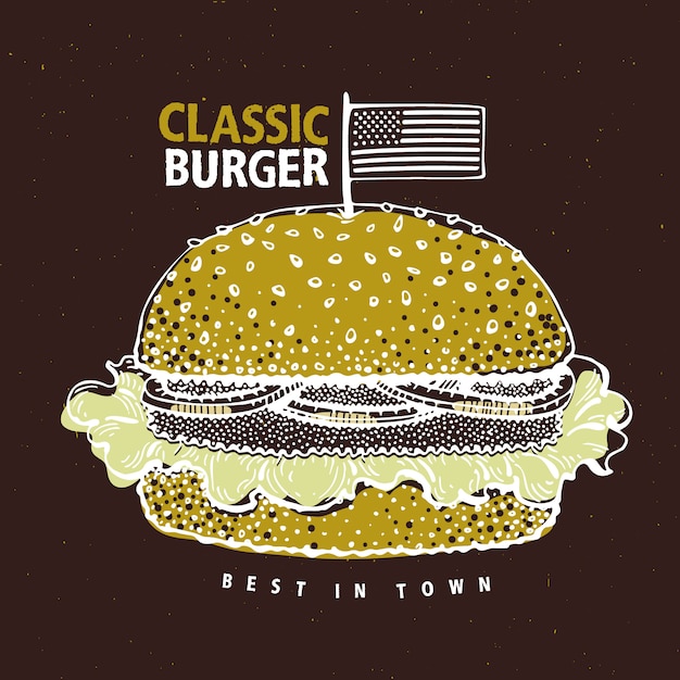 Cartel de hamburguesa de comida rápida. ejemplo dibujado mano de la comida con la hamburguesa clásica