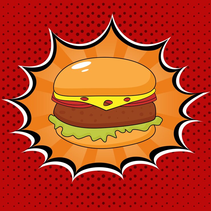 Vector cartel con hamburguesa en estilo cómic pop art