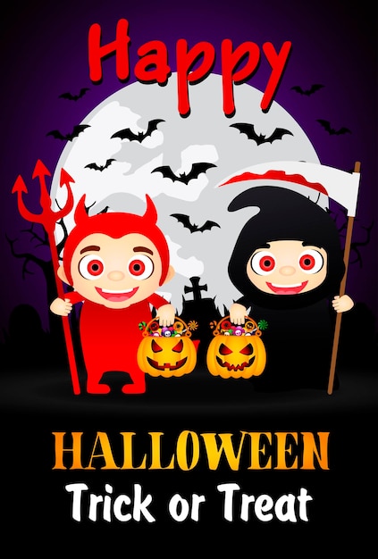 Cartel de Happy Halloween Trick or Treat con niños disfrazados de diablo y Grim Reaper Tarjeta de felicitación de Halloween