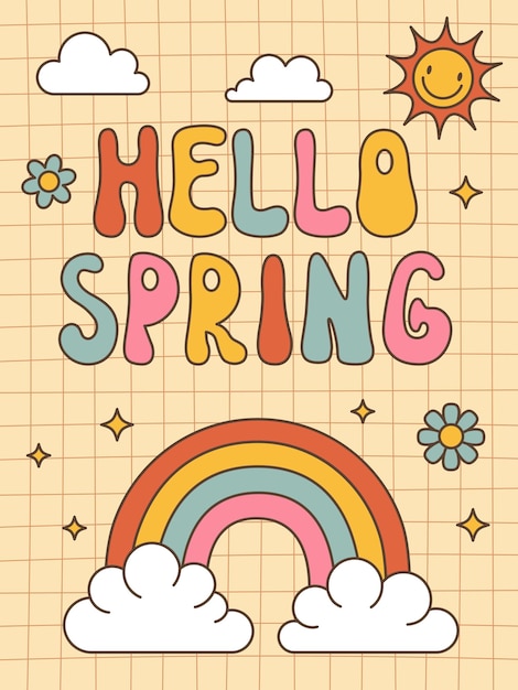 El cartel de Hello Spring Groove es una ilustración vectorial de dibujos animados de los años setenta.