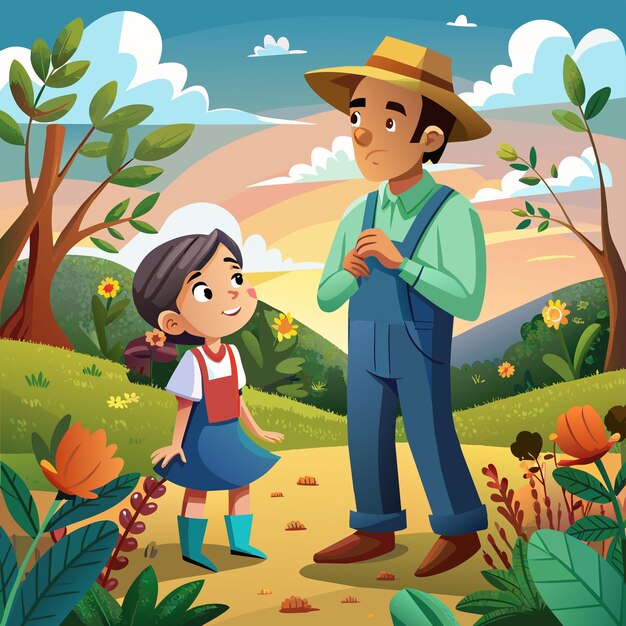 Vector un cartel de un hombre y una chica con un sombrero que dice que la niña está de pie junto a un árbol