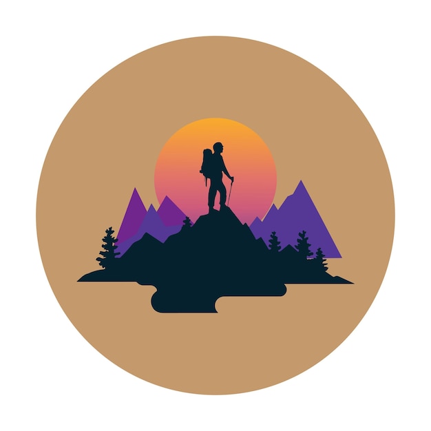 Un cartel para un hombre con una mochila y un paisaje de montaña con el sol en el fondo