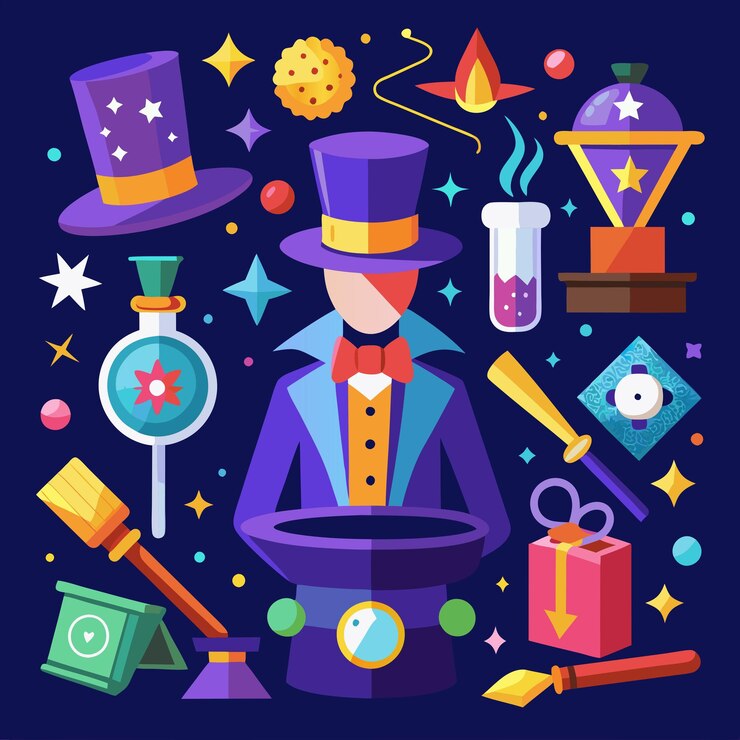 Vector un cartel con un hombre en un sombrero alto y una caja de regalos