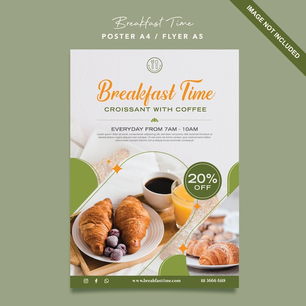 Vector cartel de la hora del desayuno y plantilla de volante con diseño de croissant