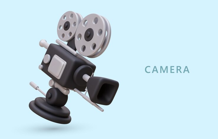 Vector cartel horizontal con cámara de video en 3d equipo para grabar películas, videoclips