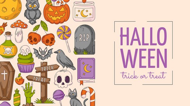 El cartel horizontal de fondo de Halloween con iconos espeluznantes y aterradores Ilustración vectorial plana de colores