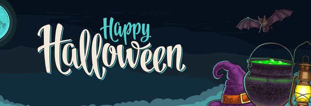 Cartel horizontal con letras de caligrafía de escritura a mano de Feliz Halloween grabado vintage Vector