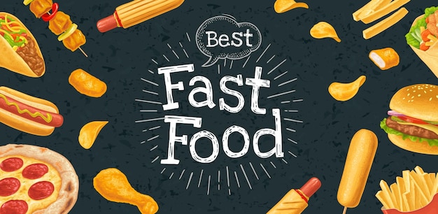 Cartel horizontal de menú de comida rápida con color vectorial realista