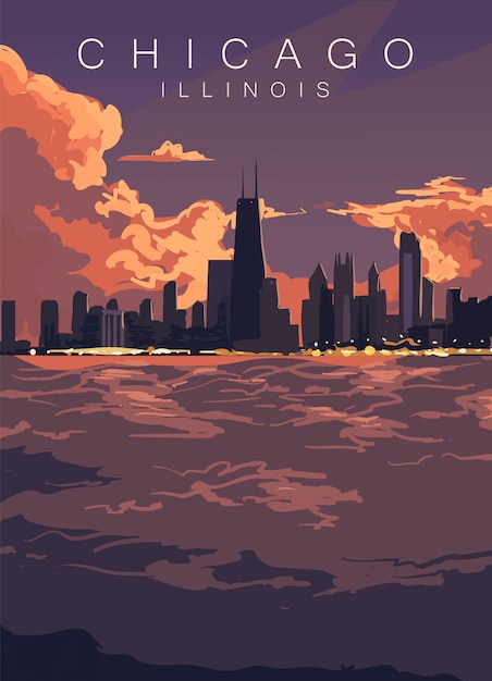 Cartel del horizonte de Chicago. Estados Unidos, Illinois, puesta de sol en la ciudad de Chicago