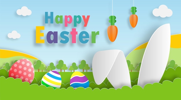 Cartel de huevos de Pascua feliz estilo de arte de papel Diseño de corte de papel cómico de dibujos animados de conejito pequeño
