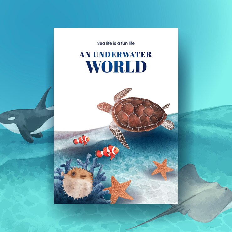 Cartel con ilustración acuarela de diseño de concepto de vida marina