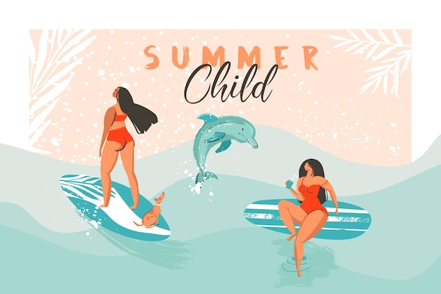 Cartel de ilustración divertida de horario de verano abstracto de vector dibujado a mano con chicas surfistas en bikini con perro en la textura de las olas del océano azul y cita de caligrafía moderna summer child