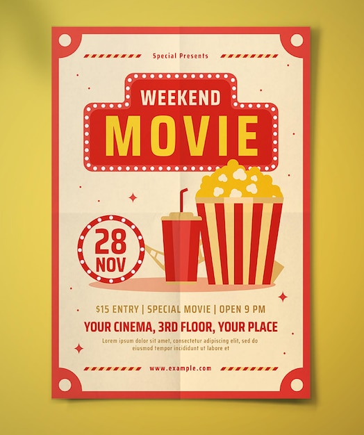 Vector cartel de ilustración plana de flyer de noche de película de fin de semana
