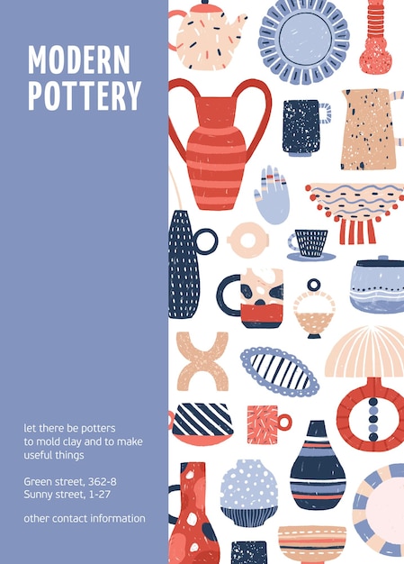 Cartel de la ilustración plana del vector del estudio de cerámica de la cerámica moderna. Decoración de porcelana hecha a mano aislada sobre fondo blanco. Taller de creación de jarrones, vajillas y candelabros artesanales.
