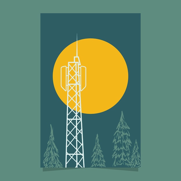 Vector cartel de ilustración de torre y sol en tono verde turquesa