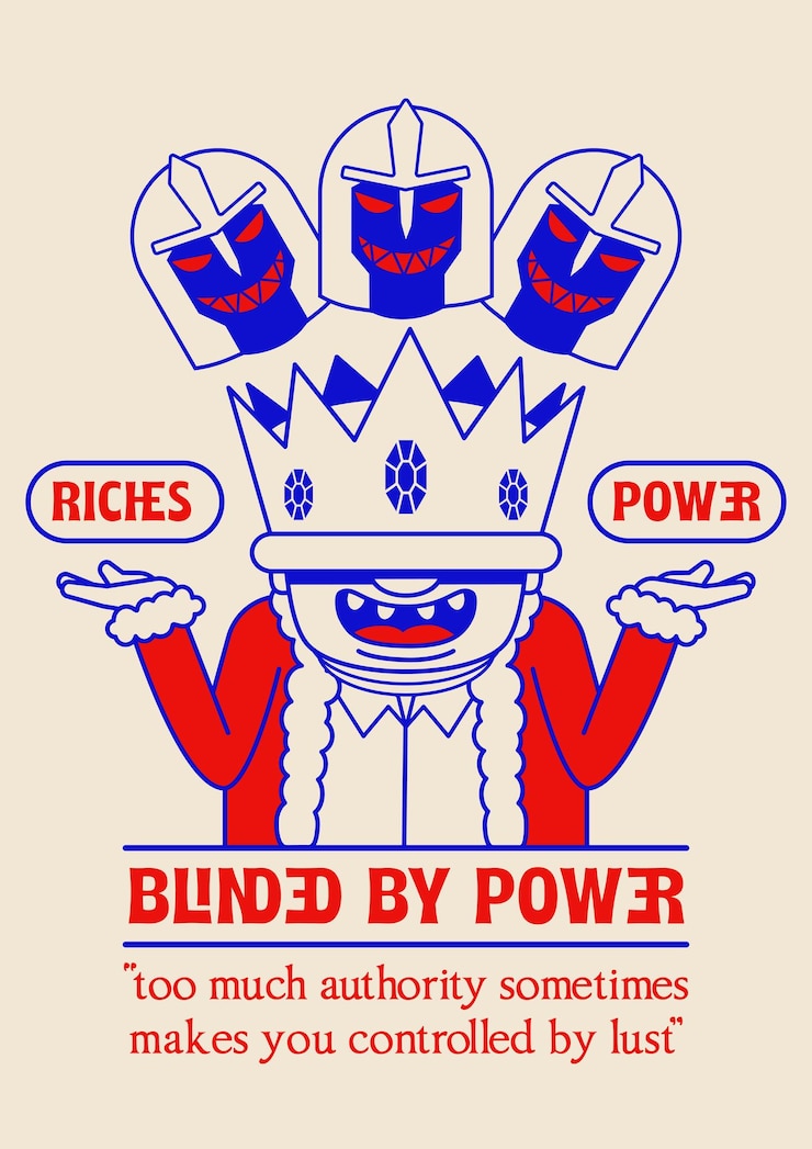 Vector un cartel de ilustraciones al estilo de dibujos animados cegado por el poder.