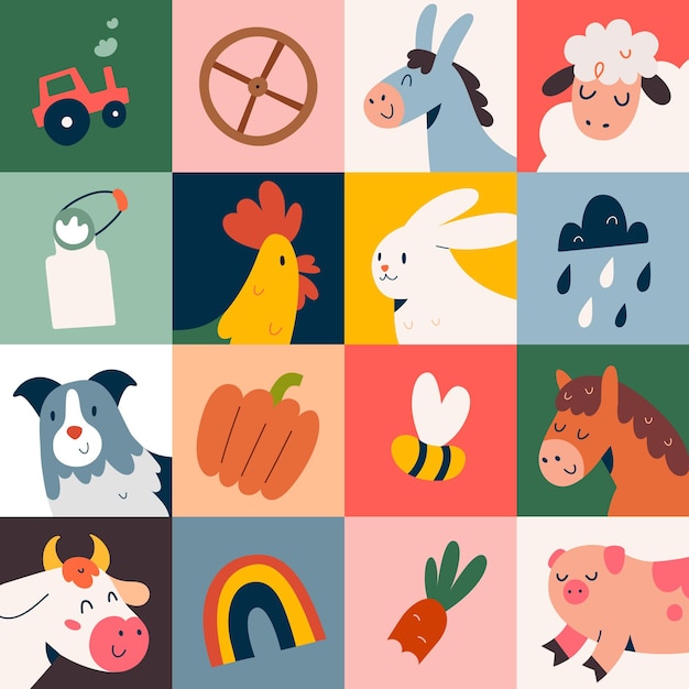 Cartel con ilustraciones de animales de granja