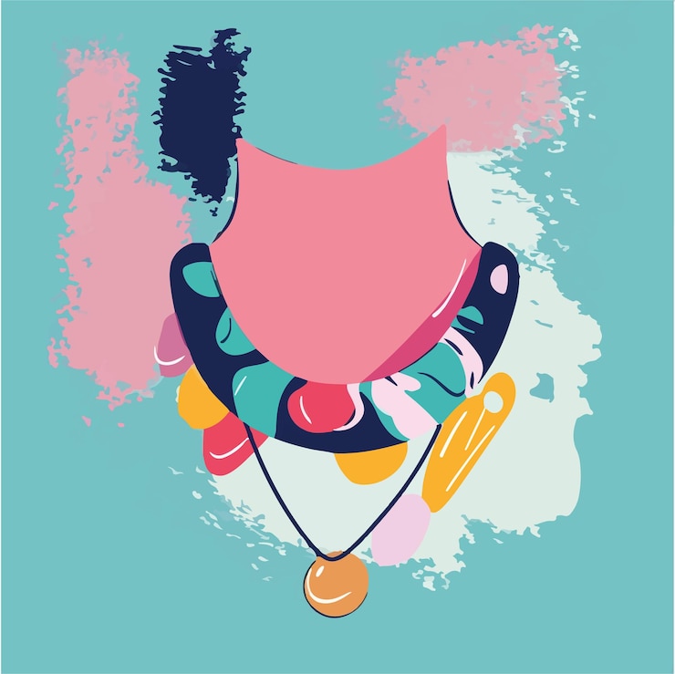 Vector un cartel con una imagen de un collar de colores y una imagen de una mujer con una tapa rosa