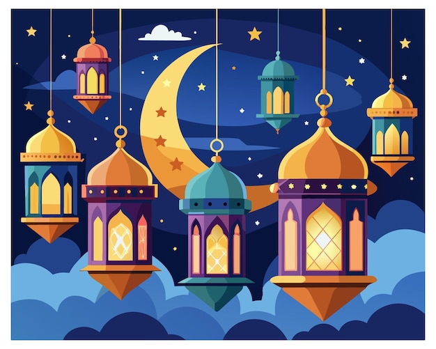 un cartel con una imagen de una mezquita y una luna con nubes en el fondo