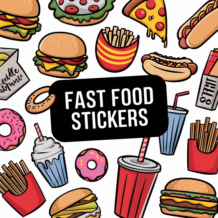 Vector un cartel con una imagen de pegatinas de comida rápida en él