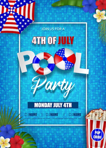 Vector cartel de la independencia americana del fondo de la fiesta en la piscina del 4 de julio con inflables