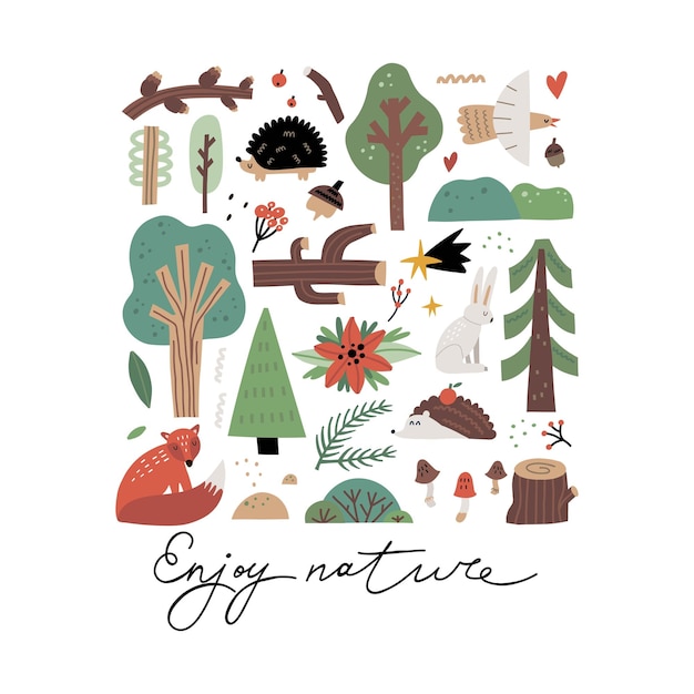 Cartel infantil del bosque Tarjeta de los niños del bosque Disfrute de la naturaleza Letras dibujadas a mano Ropa bebé Estampado Árboles coníferos garabatos liebre y zorro Ilustración aislada de dibujos animados vectoriales