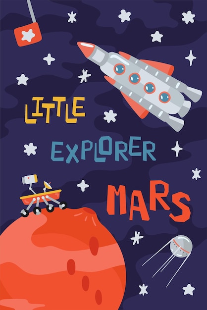 Cartel infantil espacial con planetas, cohetes, marte, rover y letras pequeño explorador en estilo de dibujos animados concepto lindo para niños, impresión ilustración para diseño, habitación de niños, postal, textiles vector