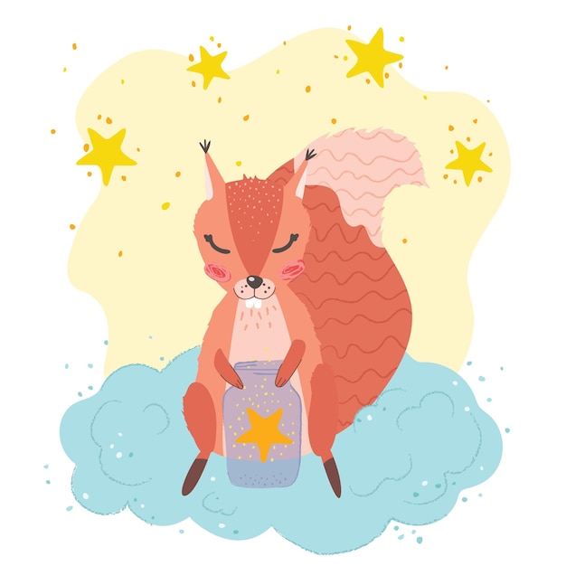 Cartel infantil lindo: ardilla en una nube, pequeñas estrellas. Vector ilustración dibujada a mano. cartel de vivero.