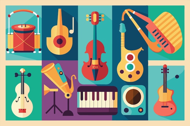 un cartel de instrumentos musicales y un instrumento musical