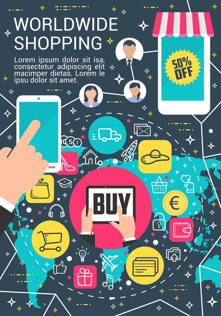 Vector cartel de internet de vector de compras en línea en todo el mundo