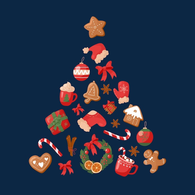 Cartel de invierno festivo con ilustraciones de año nuevo en forma de árbol de Navidad